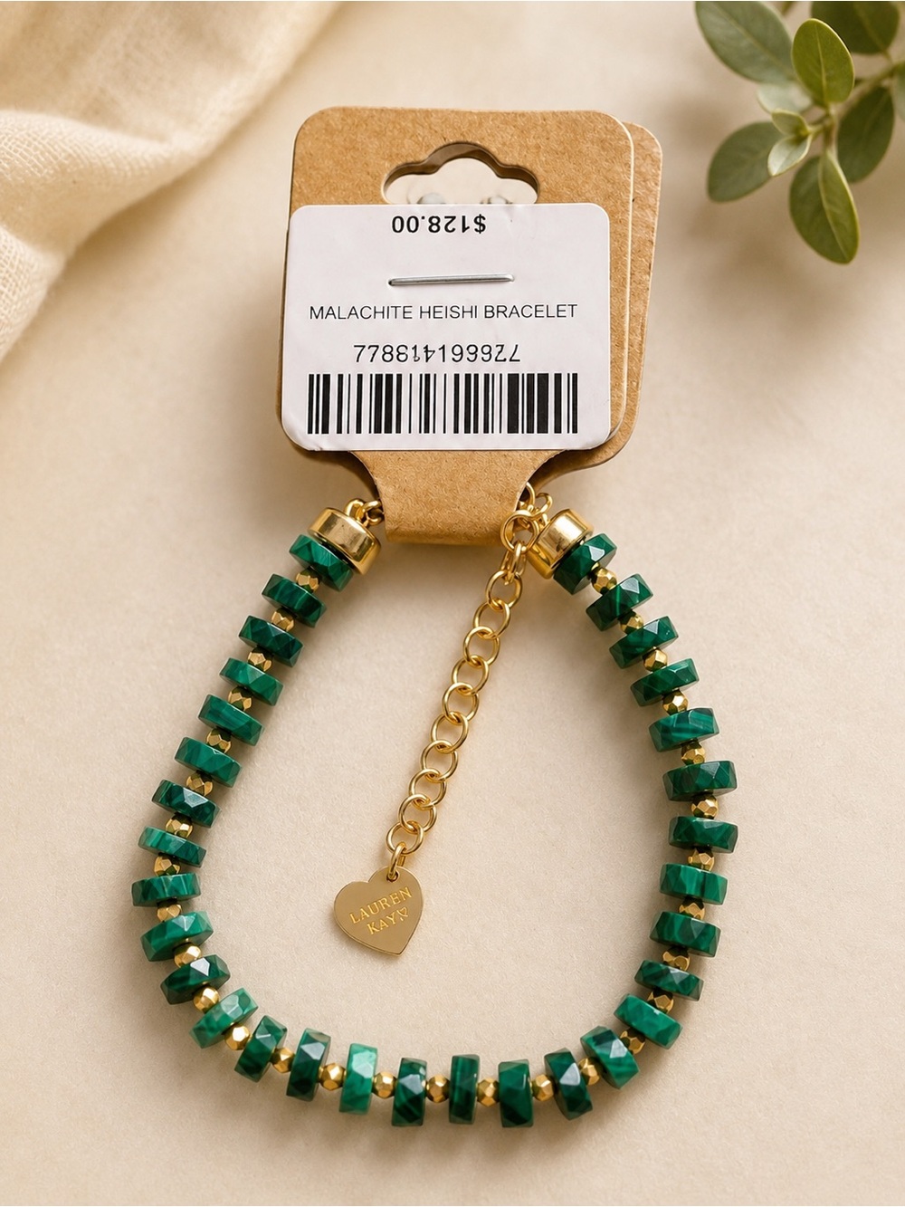 Malachite Bead Bracelet in Green & Gold retail $128.00